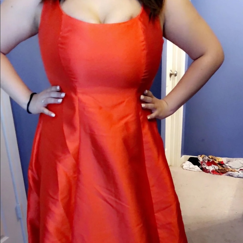 Long orange red prom dress size 15, fits beautiful
